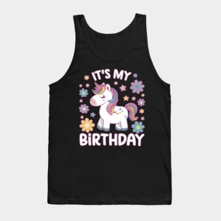 it's my birthday cute kawaii unicorn groovy flowers design for kids girl Tank Top